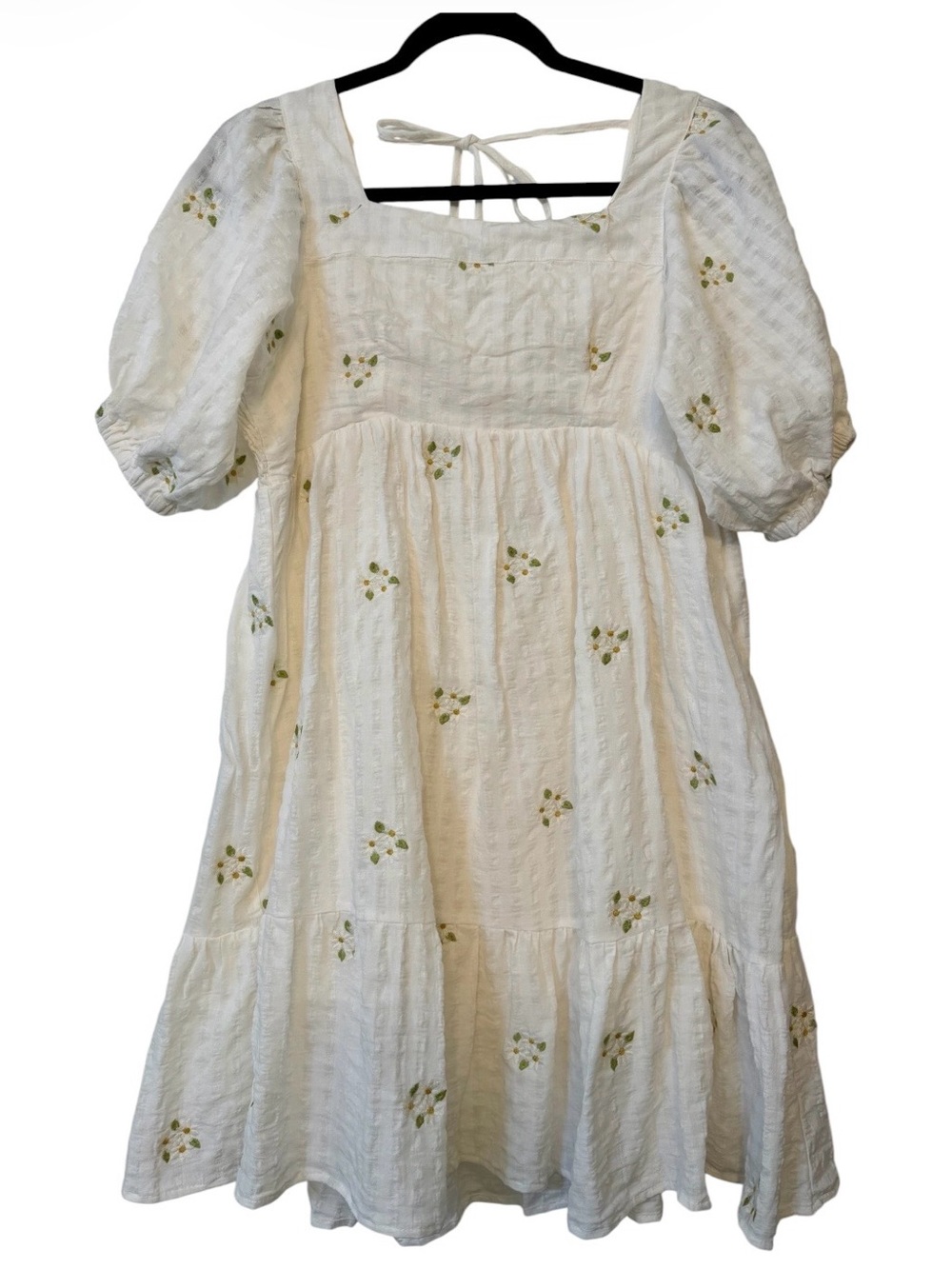 In Loom Womens Dress Medium Cream Green Floral Smocked Puff Sleeve Cottagecore